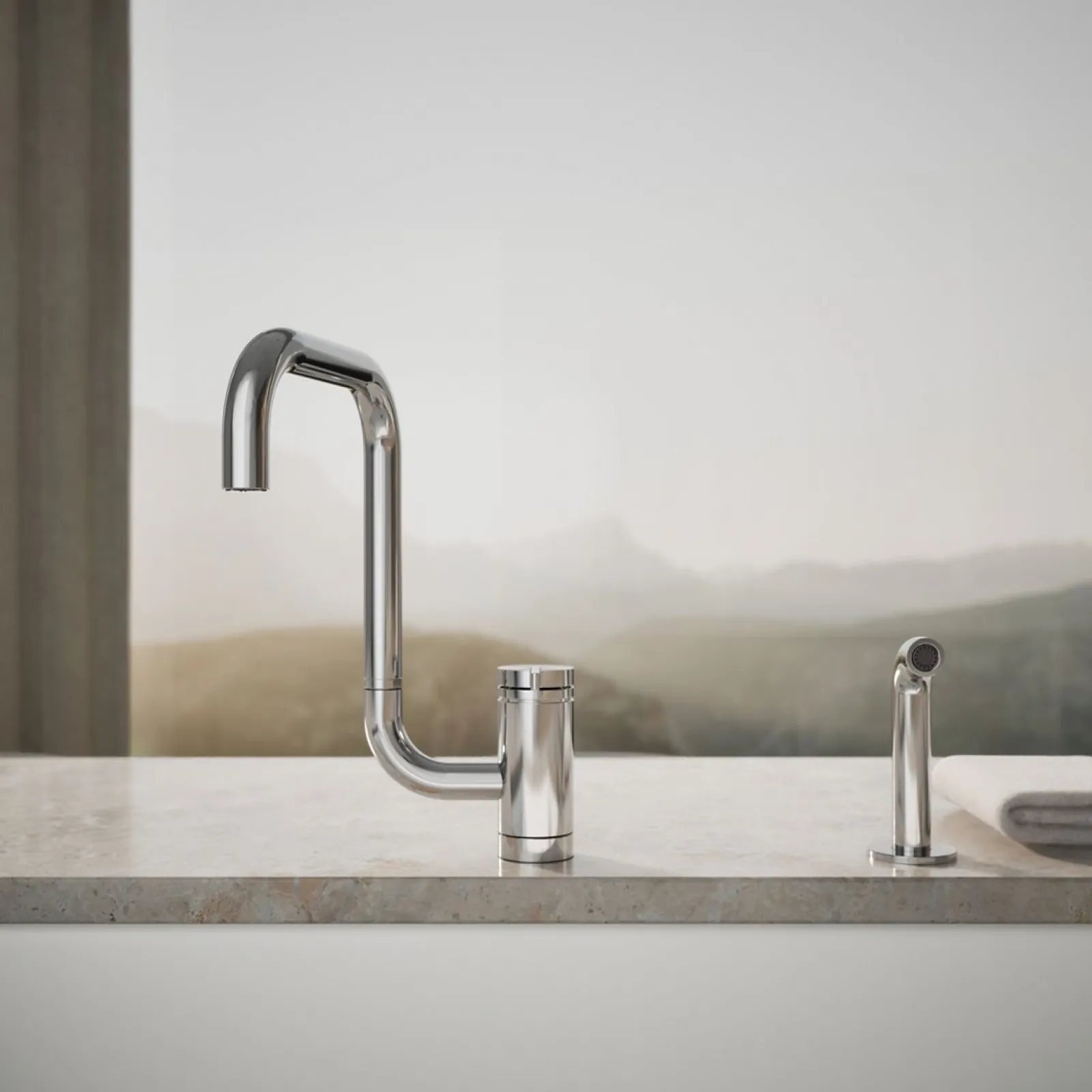 Single-handle kitchen sink faucet with two-function extended-reach spout and side sprayer^Kohler New