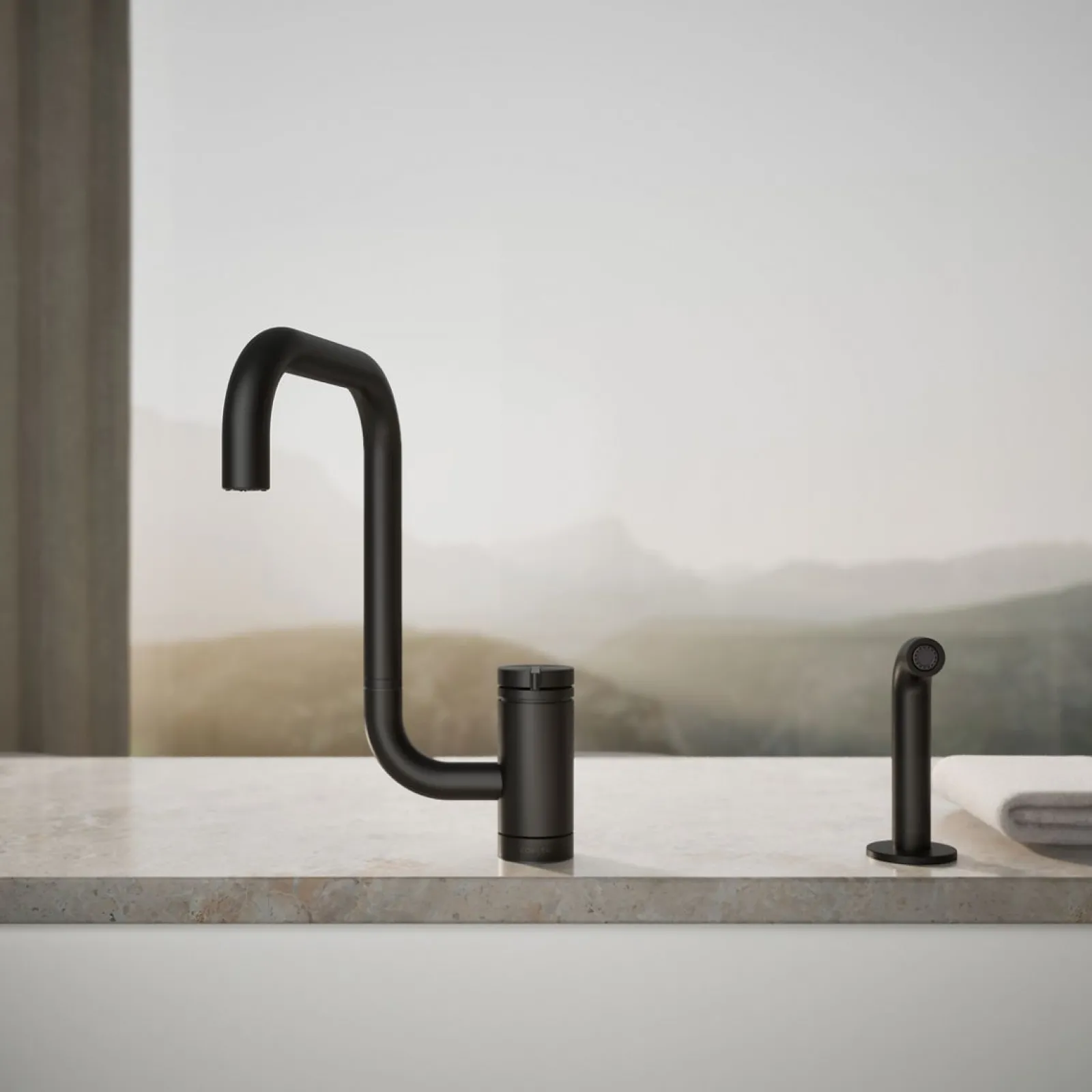 Single-handle kitchen sink faucet with two-function extended-reach spout and side sprayer^Kohler New