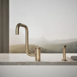 Single-handle kitchen sink faucet with two-function extended-reach spout and side sprayer^Kohler New