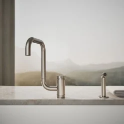 Single-handle kitchen sink faucet with two-function extended-reach spout and side sprayer^Kohler New
