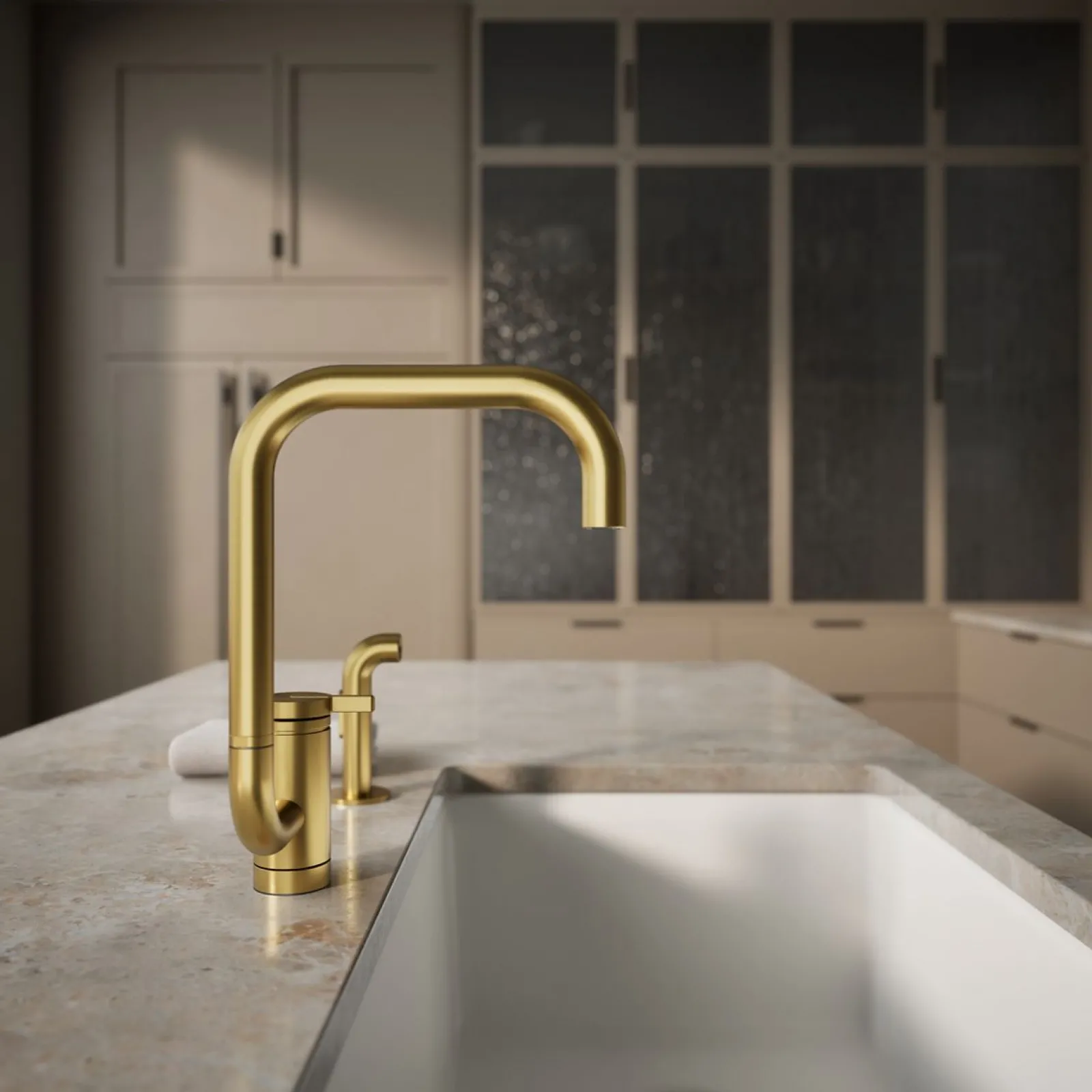 Single-handle kitchen sink faucet with two-function extended-reach spout and side sprayer^Kohler New
