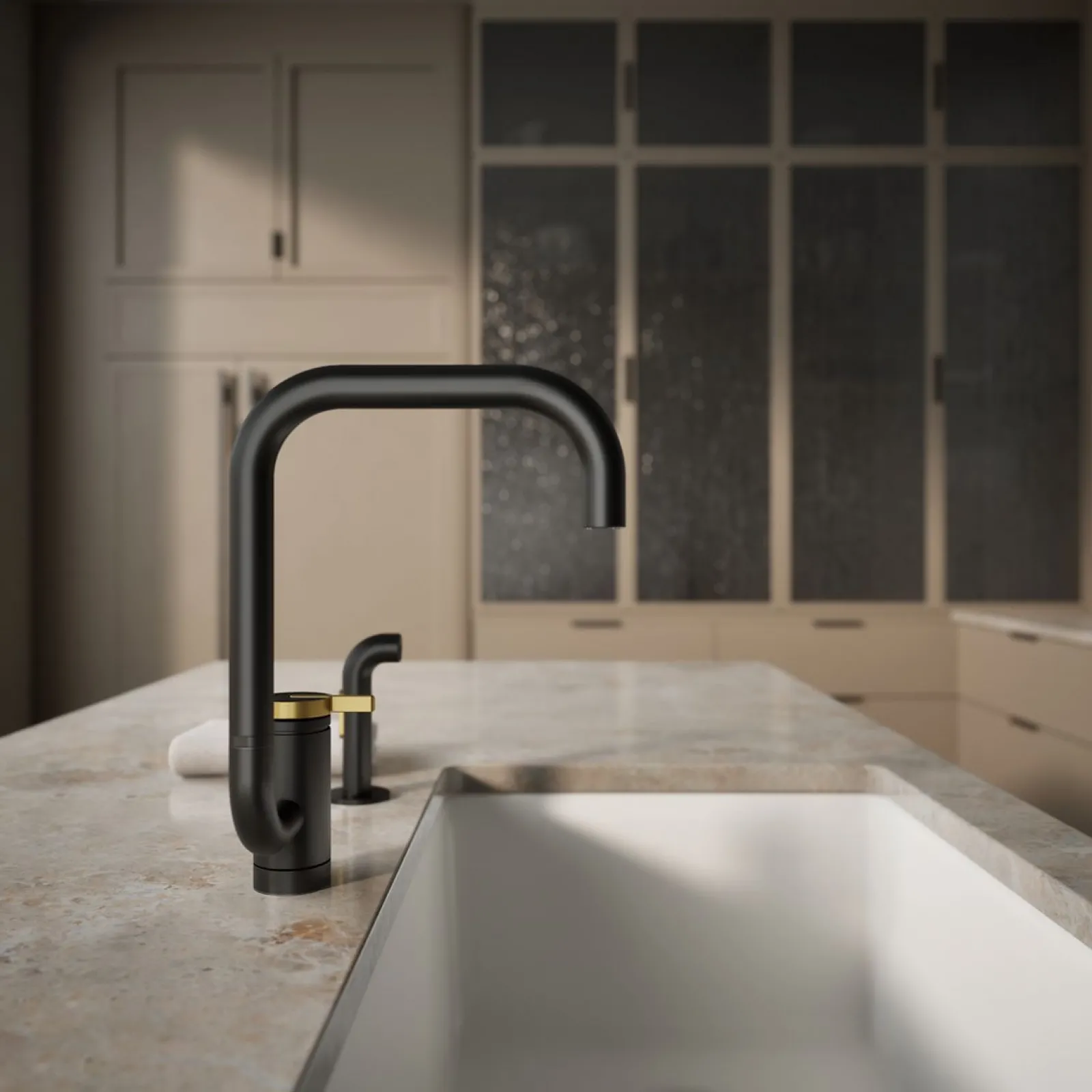Single-handle kitchen sink faucet with two-function extended-reach spout and side sprayer^Kohler New