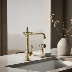 Single-handle kitchen sink faucet with side sprayer^Kohler Hot
