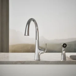 Single-handle kitchen sink faucet with two-function side sprayer^Kohler Hot