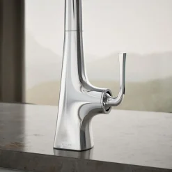 Single-handle kitchen sink faucet with two-function side sprayer^Kohler Hot