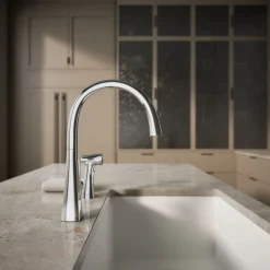 Single-handle kitchen sink faucet with two-function side sprayer^Kohler Hot