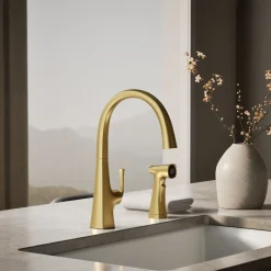 Single-handle kitchen sink faucet with two-function side sprayer^Kohler Hot