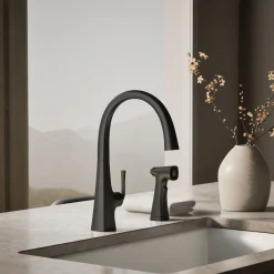 Single-handle kitchen sink faucet with two-function side sprayer^Kohler Hot