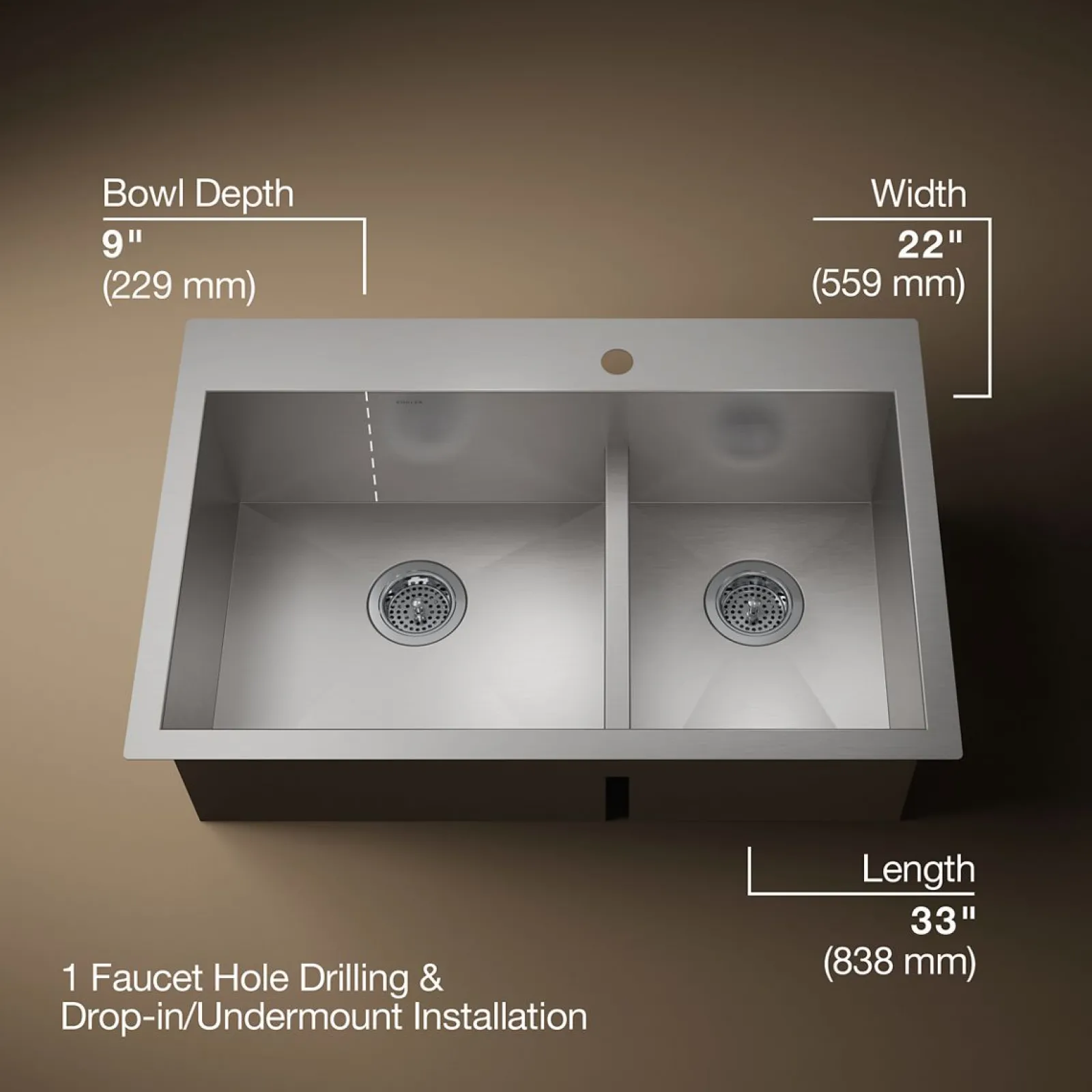 Smart Divide® 33" top-/undermount double-bowl kitchen sink^Kohler Hot