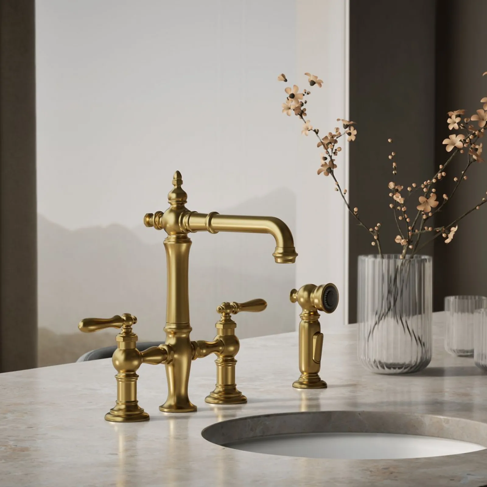 Three-hole bridge bar sink faucet with side sprayer^Kohler Outlet