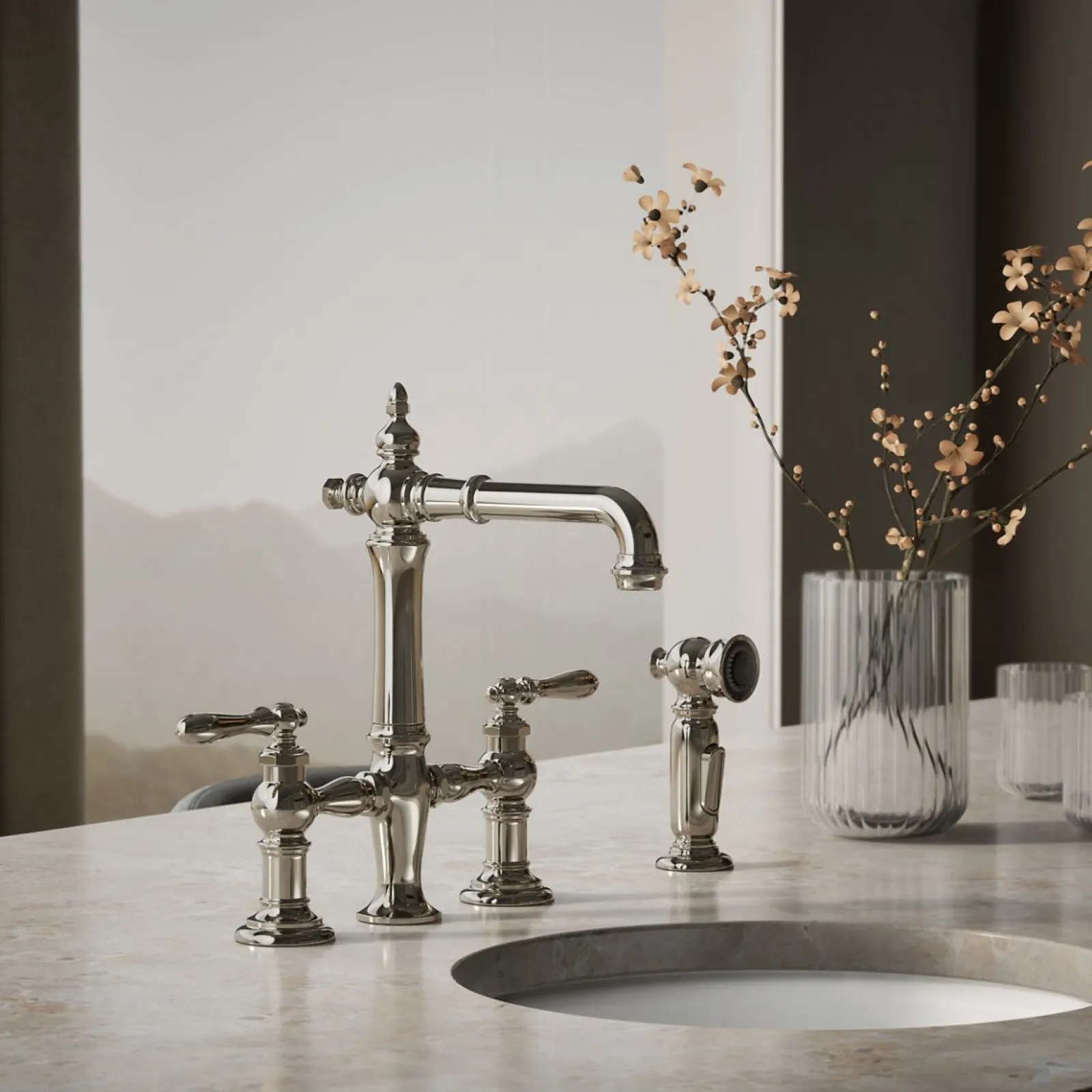 Three-hole bridge bar sink faucet with side sprayer^Kohler Outlet