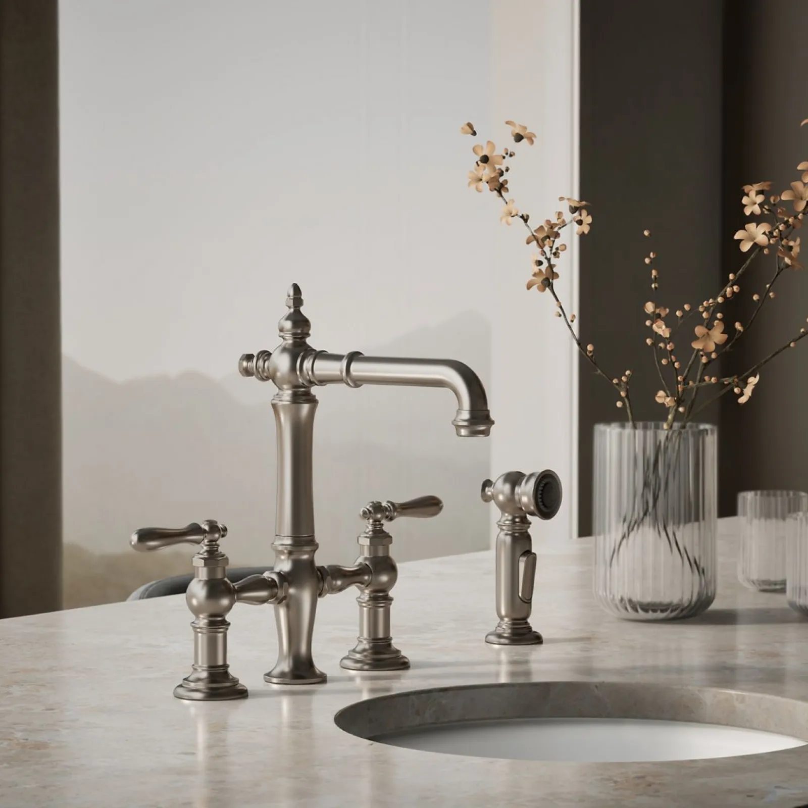 Three-hole bridge bar sink faucet with side sprayer^Kohler Outlet