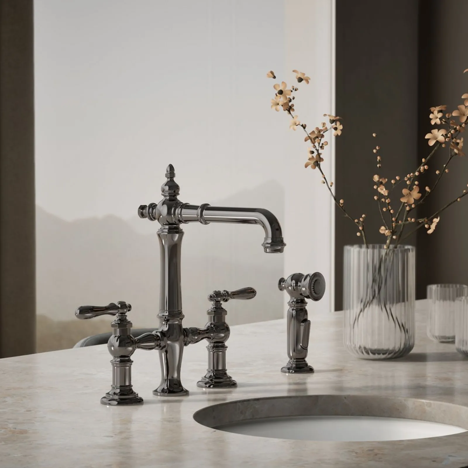 Three-hole bridge bar sink faucet with side sprayer^Kohler Outlet