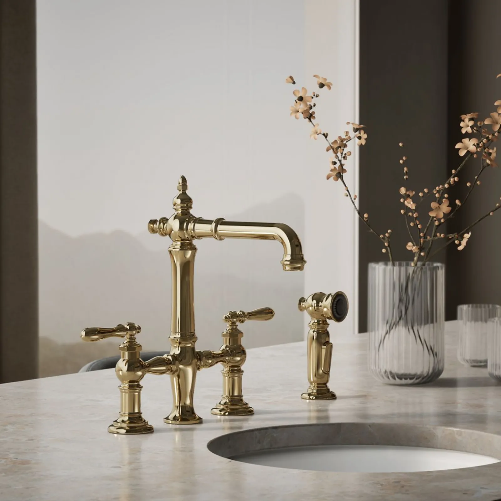 Three-hole bridge bar sink faucet with side sprayer^Kohler Outlet