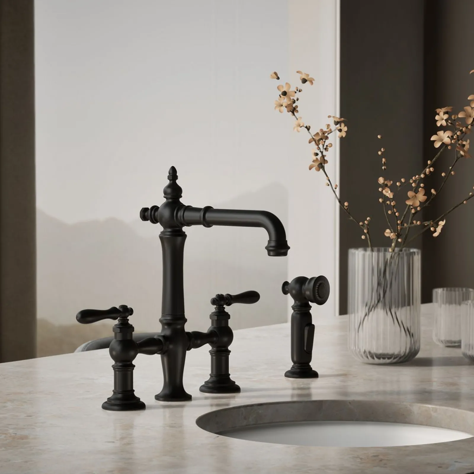 Three-hole bridge bar sink faucet with side sprayer^Kohler Outlet