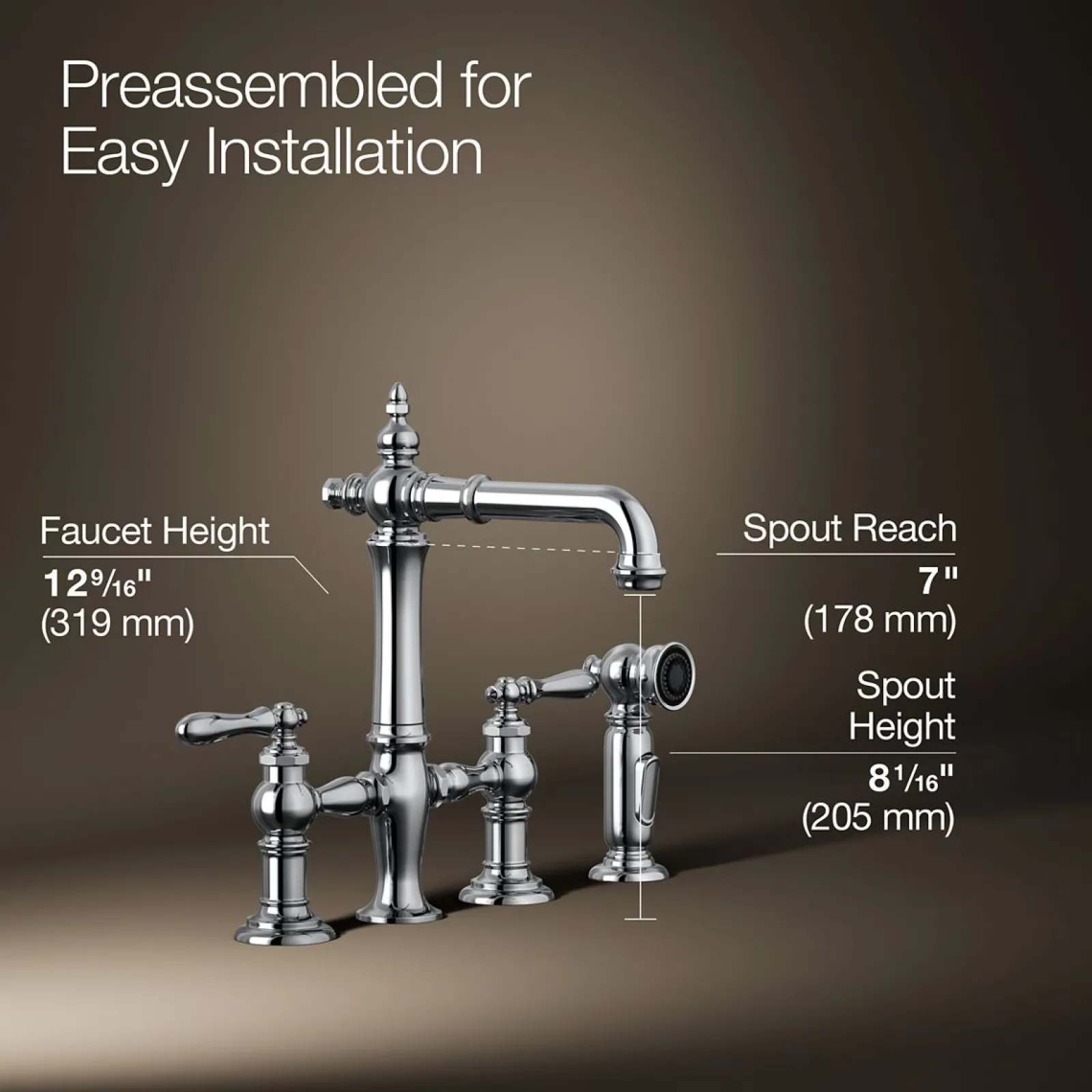 Three-hole bridge bar sink faucet with side sprayer^Kohler Outlet