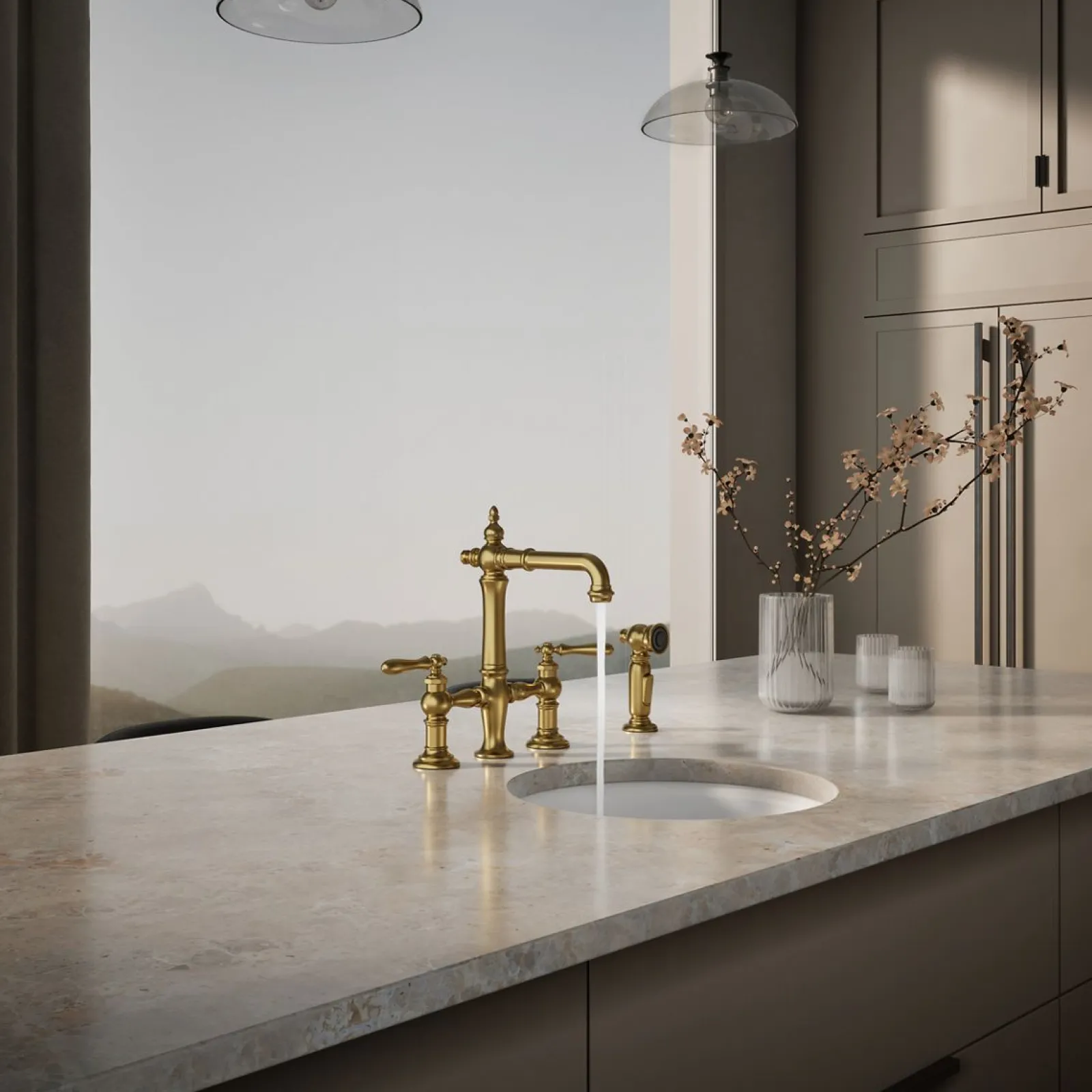 Three-hole bridge bar sink faucet with side sprayer^Kohler Outlet