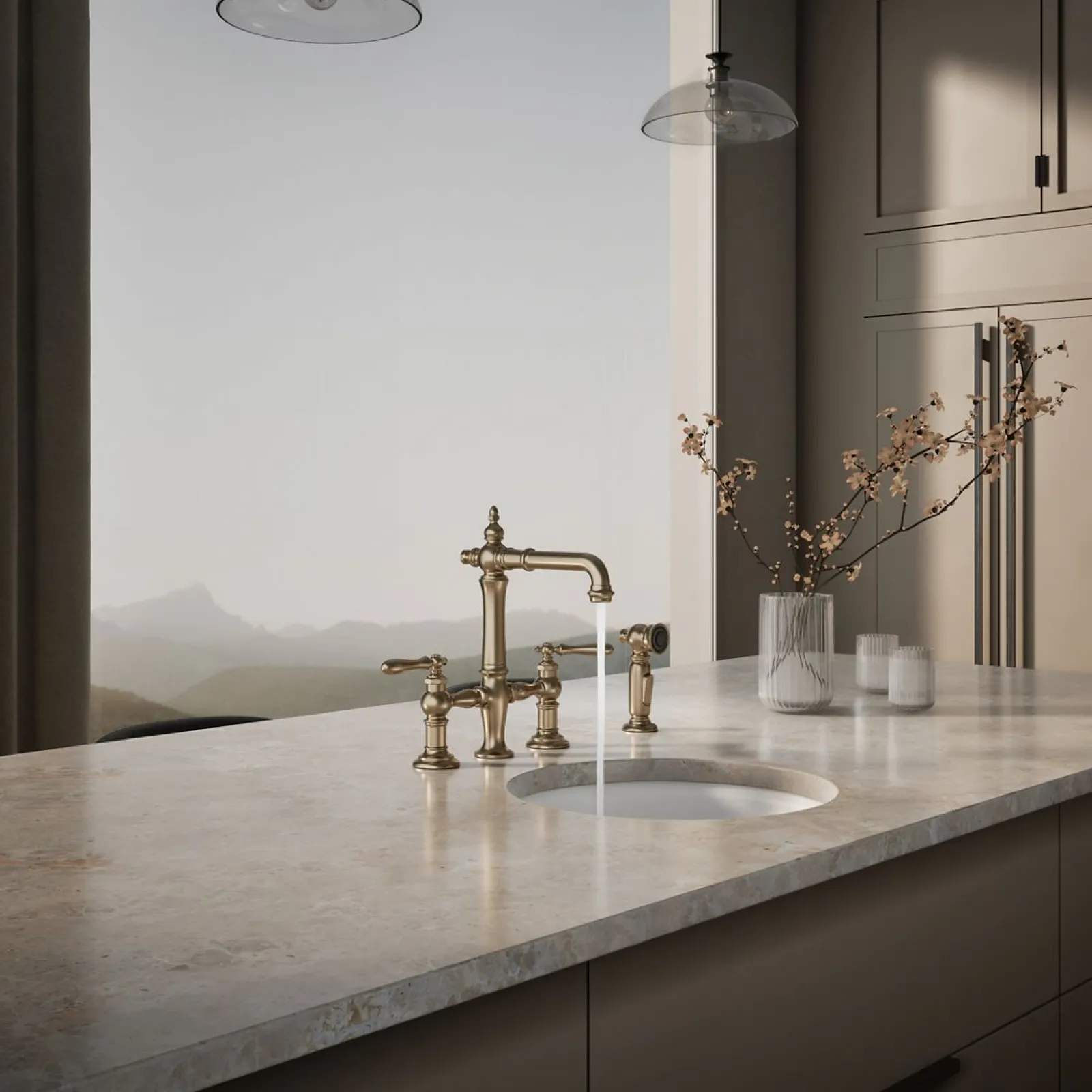 Three-hole bridge bar sink faucet with side sprayer^Kohler Outlet