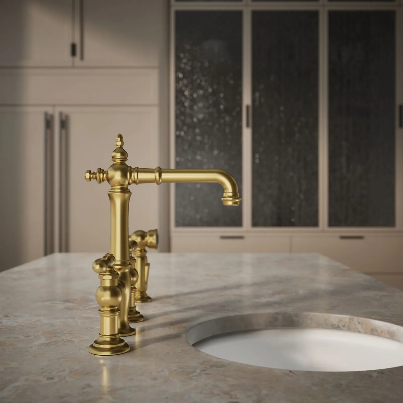 Three-hole bridge bar sink faucet with side sprayer^Kohler Outlet