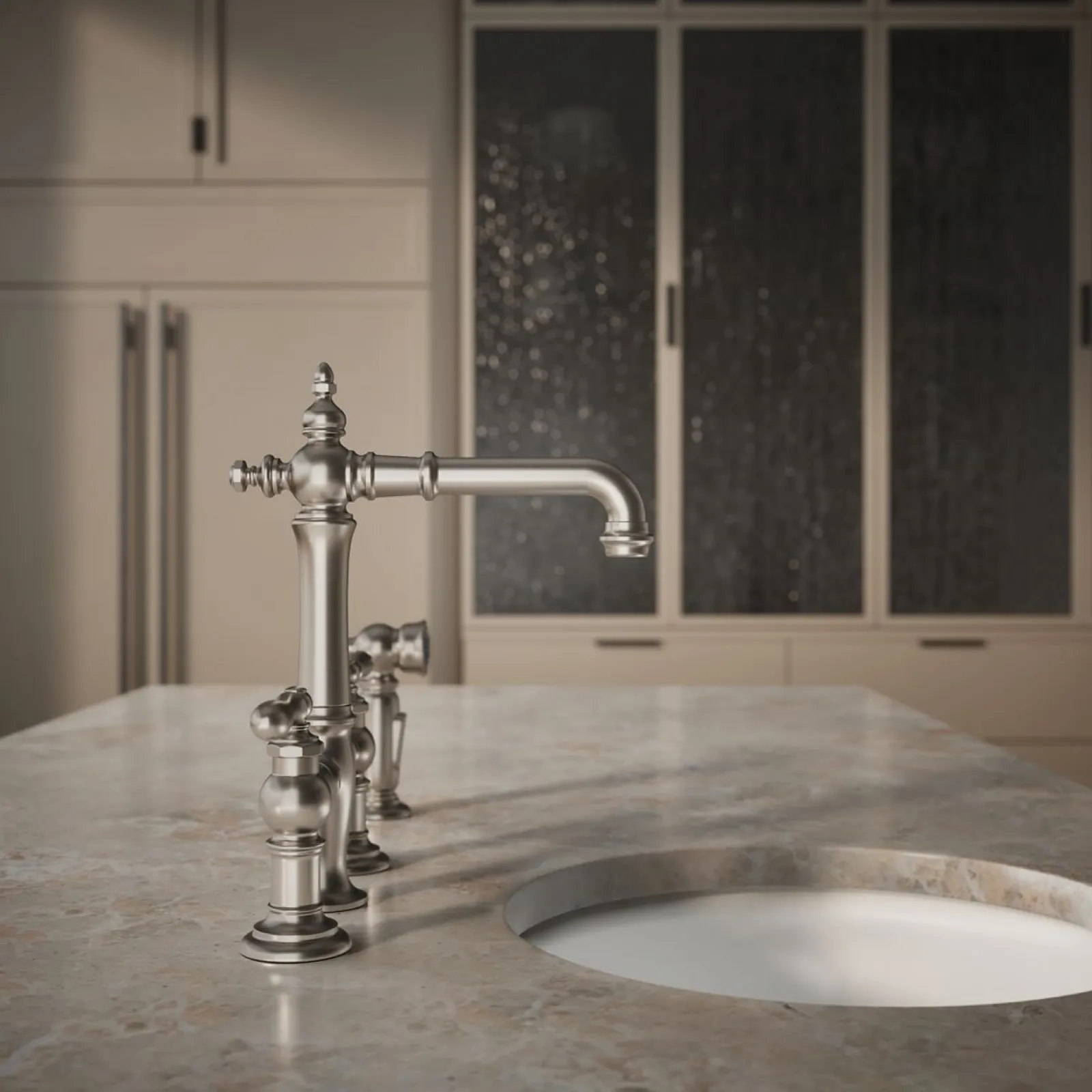 Three-hole bridge bar sink faucet with side sprayer^Kohler Outlet