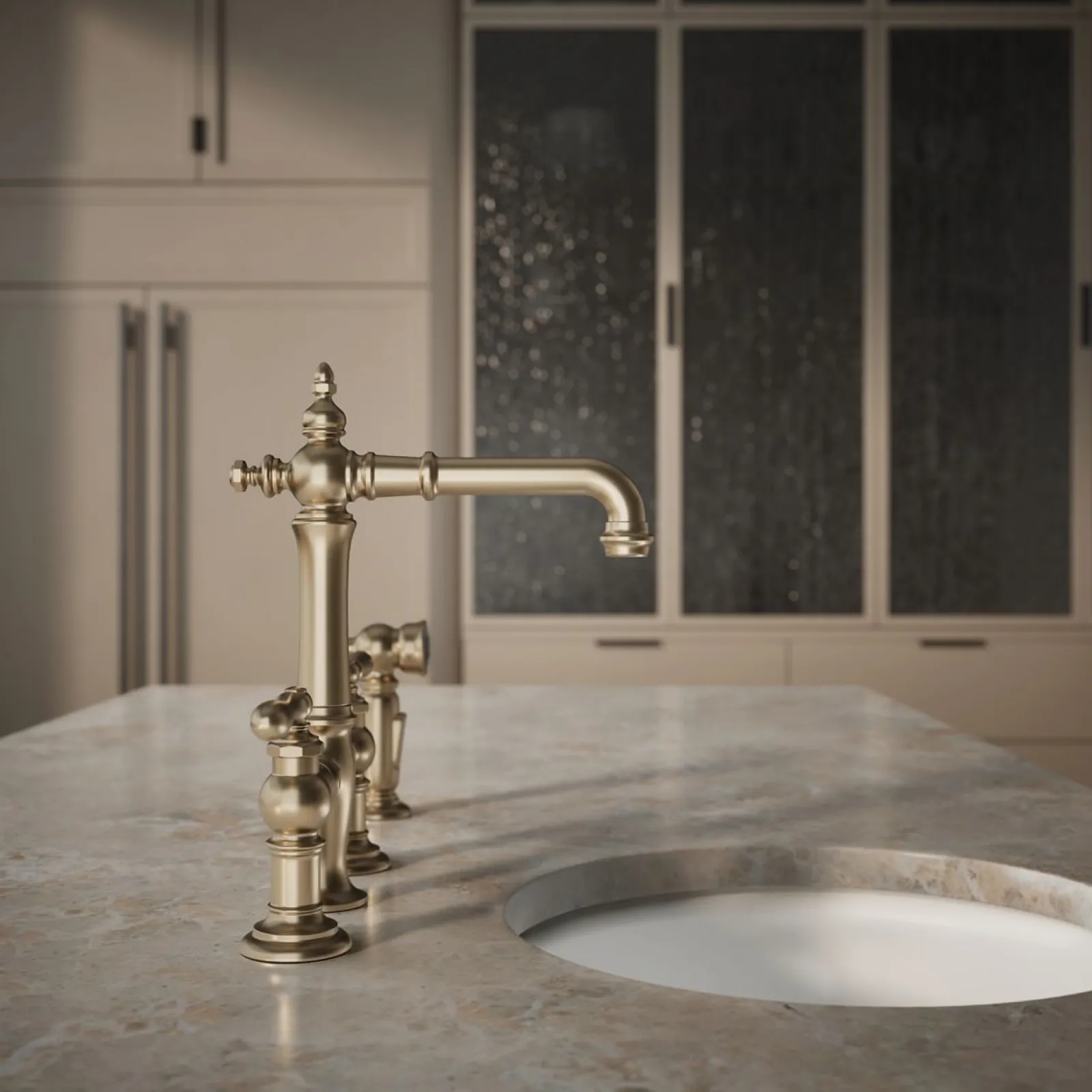 Three-hole bridge bar sink faucet with side sprayer^Kohler Outlet