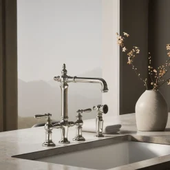 Three-hole bridge kitchen sink faucet with side sprayer^Kohler Outlet