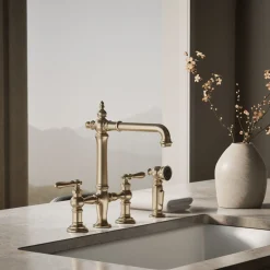 Three-hole bridge kitchen sink faucet with side sprayer^Kohler Outlet