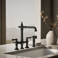 Three-hole bridge kitchen sink faucet with side sprayer^Kohler Outlet