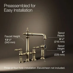 Three-hole bridge kitchen sink faucet with side sprayer^Kohler Outlet
