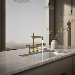 Three-hole bridge kitchen sink faucet with side sprayer^Kohler Outlet