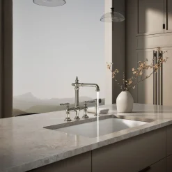 Three-hole bridge kitchen sink faucet with side sprayer^Kohler Outlet