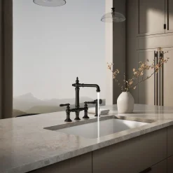 Three-hole bridge kitchen sink faucet with side sprayer^Kohler Outlet