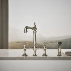 Three-hole bridge kitchen sink faucet with side sprayer^Kohler Outlet