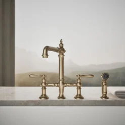 Three-hole bridge kitchen sink faucet with side sprayer^Kohler Outlet