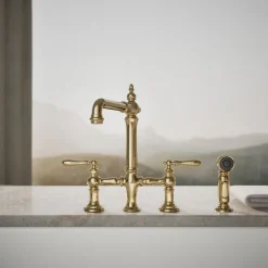 Three-hole bridge kitchen sink faucet with side sprayer^Kohler Outlet