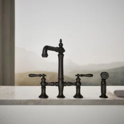 Three-hole bridge kitchen sink faucet with side sprayer^Kohler Outlet