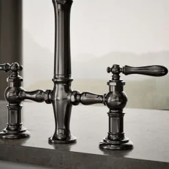 Three-hole bridge kitchen sink faucet with side sprayer^Kohler Outlet