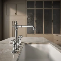 Three-hole bridge kitchen sink faucet with side sprayer^Kohler Outlet