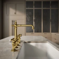 Three-hole bridge kitchen sink faucet with side sprayer^Kohler Outlet