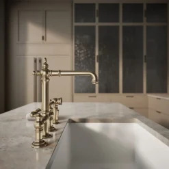 Three-hole bridge kitchen sink faucet with side sprayer^Kohler Outlet