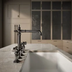 Three-hole bridge kitchen sink faucet with side sprayer^Kohler Outlet