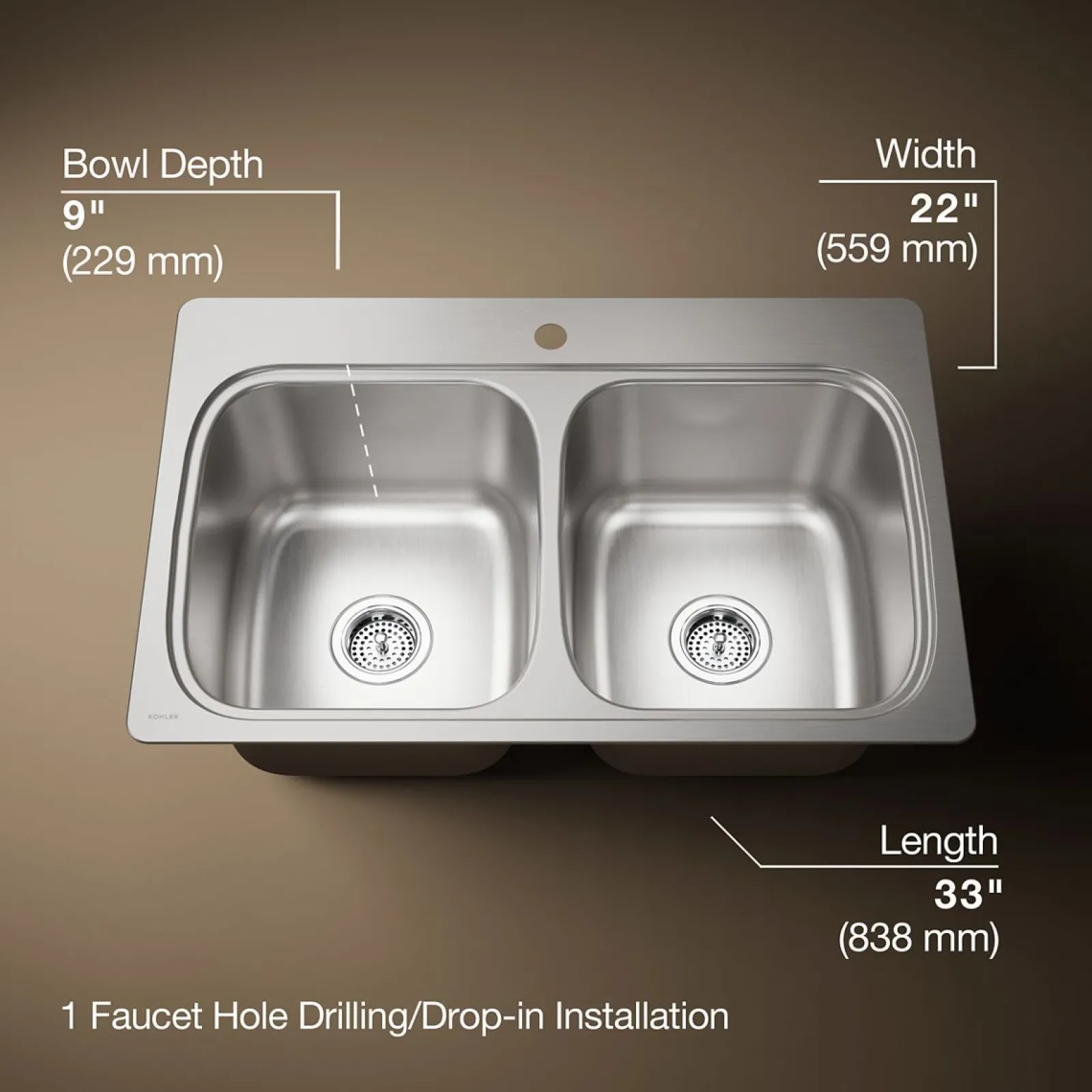 33" top-mount double-bowl kitchen sink^Kohler New
