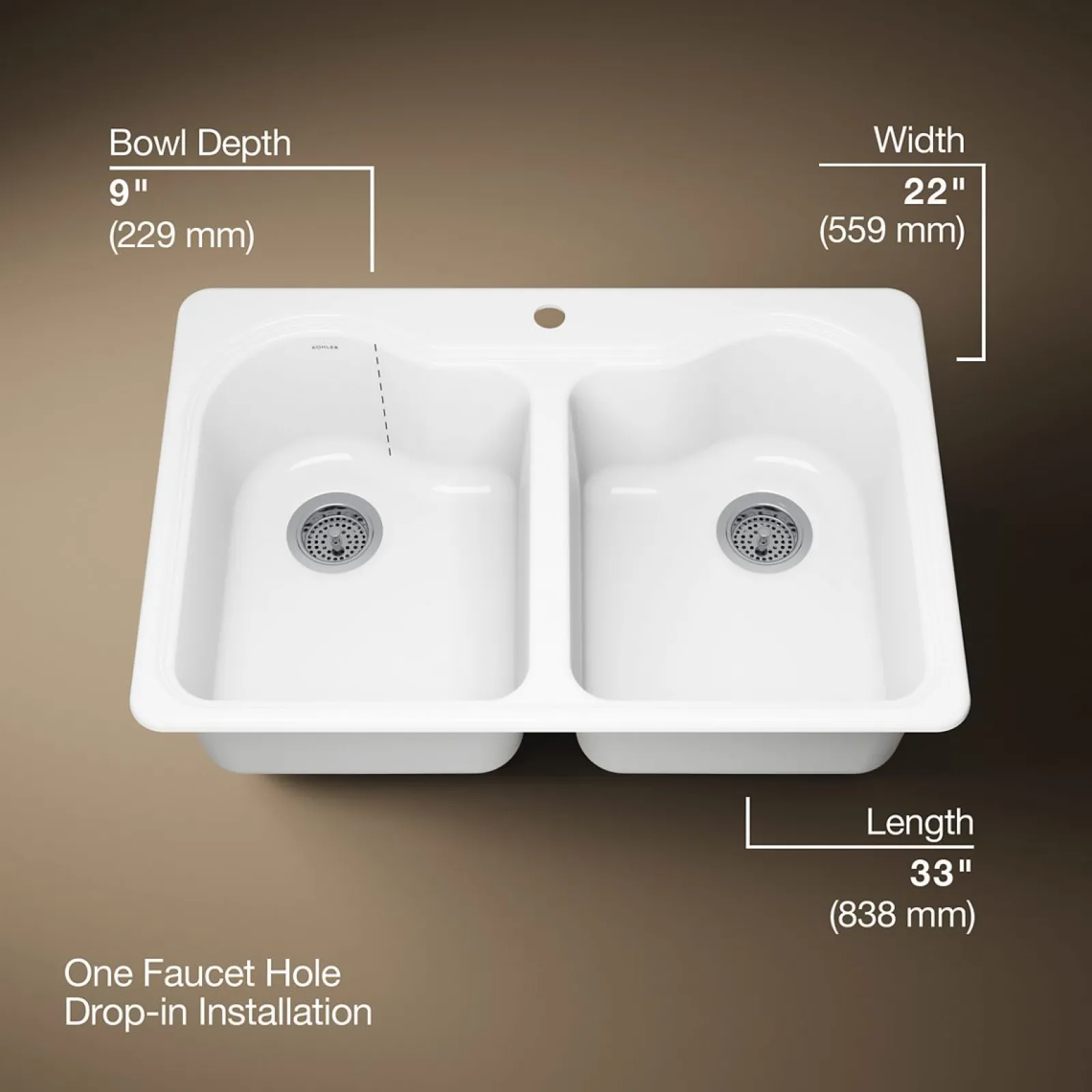 33" top-mount double-bowl kitchen sink^Kohler New