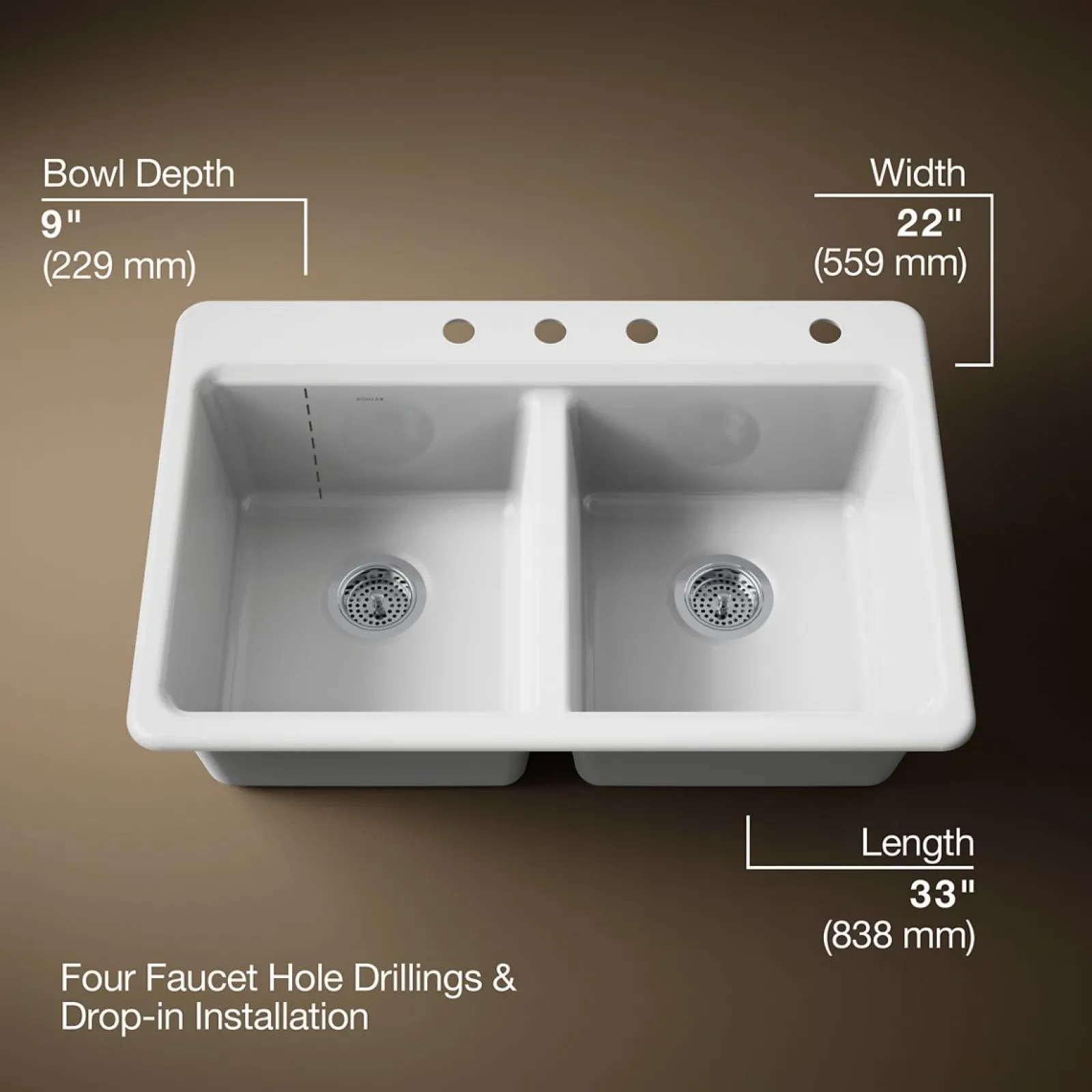 33" top-mount double-bowl kitchen sink^Kohler Clearance