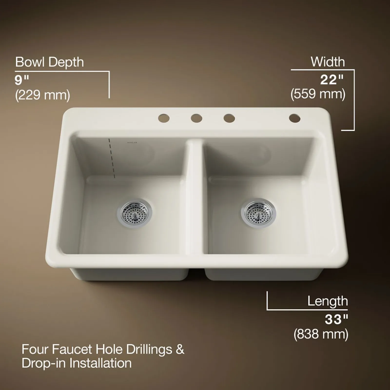 33" top-mount double-bowl kitchen sink^Kohler Clearance