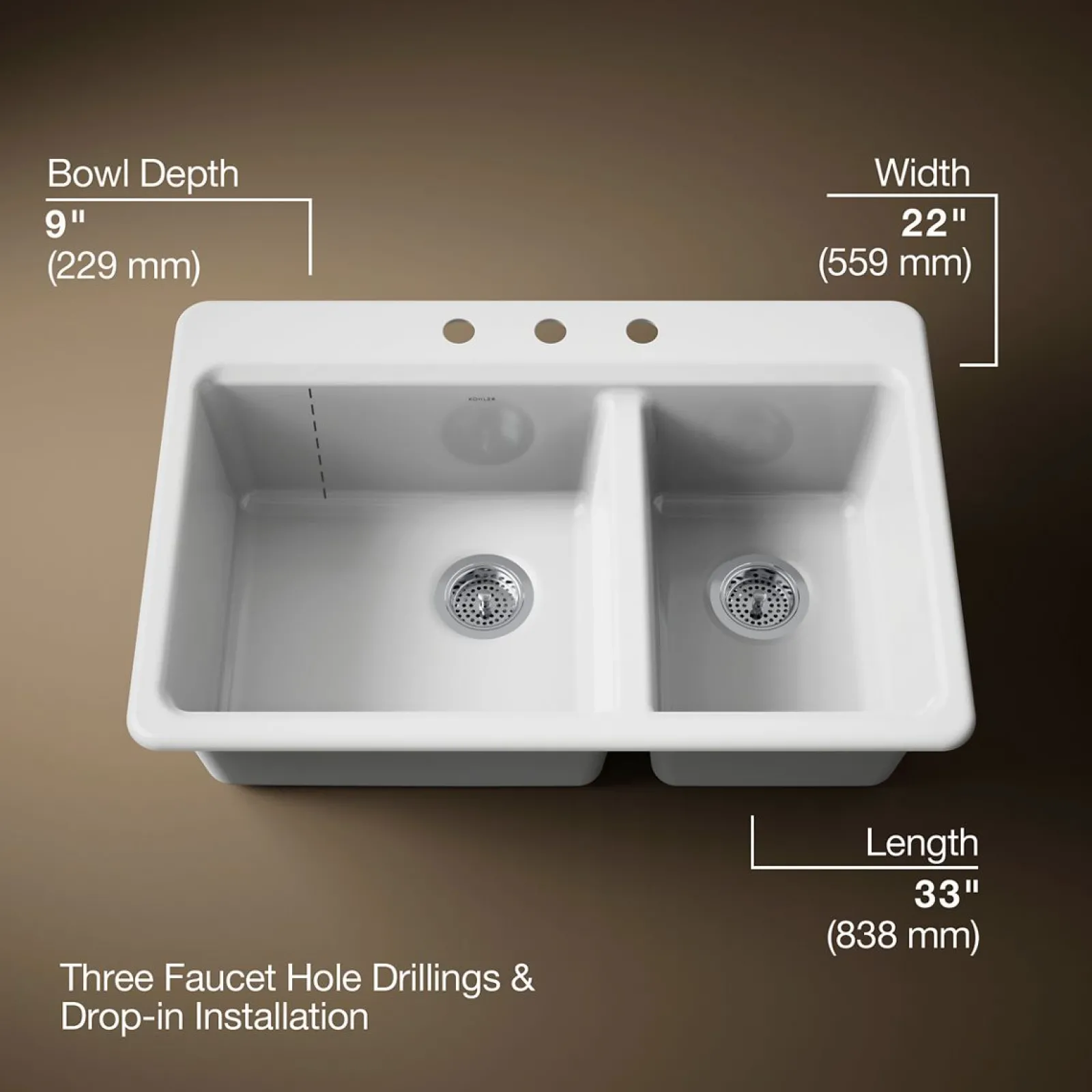 33" top-mount double-bowl kitchen sink^Kohler Outlet