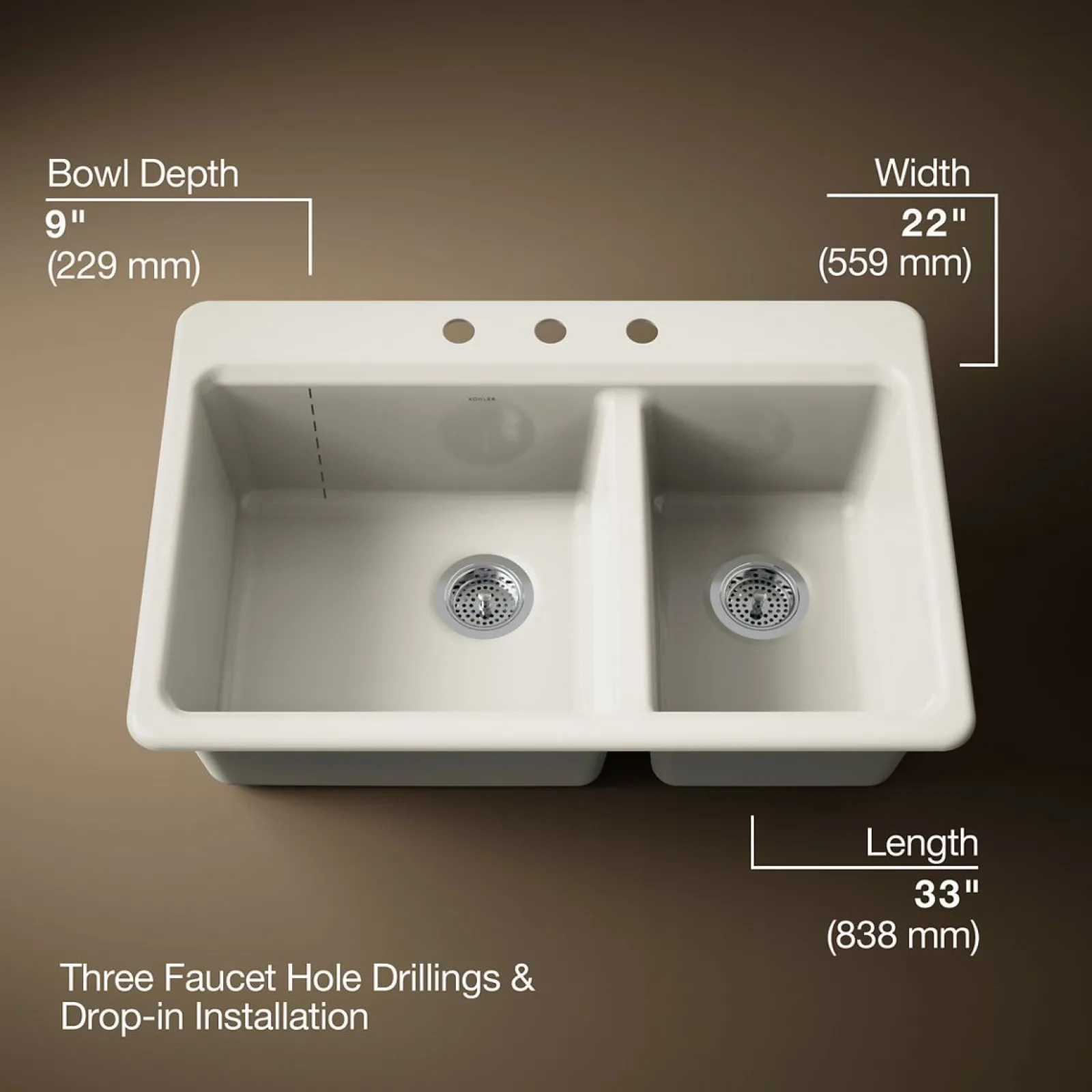 33" top-mount double-bowl kitchen sink^Kohler Outlet