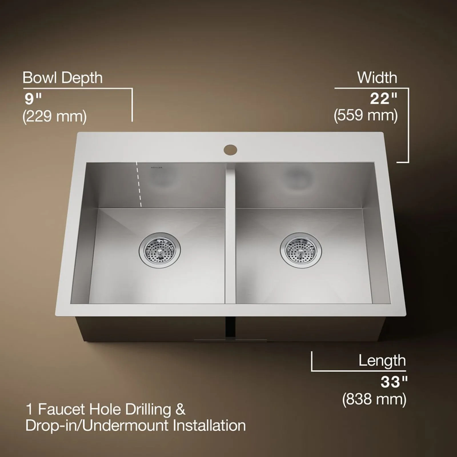 33" top-/undermount double-bowl kitchen sink^Kohler New