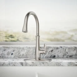 Touchless pull-down kitchen sink faucet with three-function sprayhead^Kohler