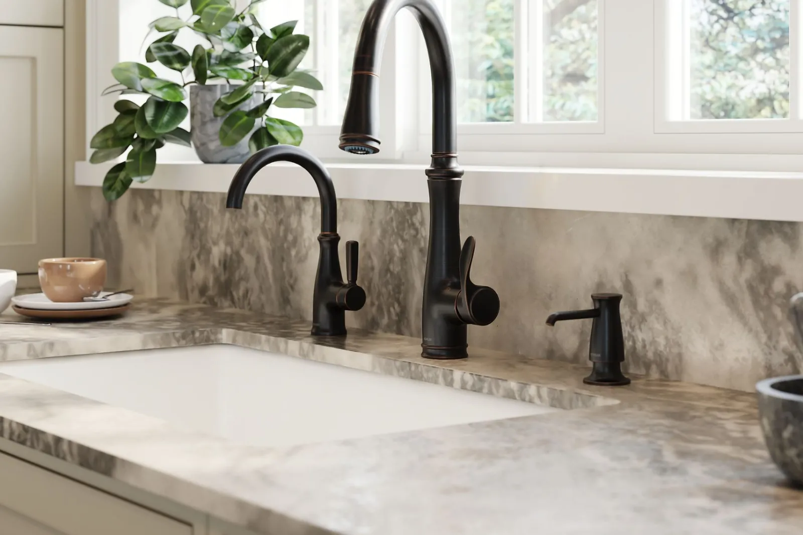 Touchless pull-down kitchen sink faucet with three-function sprayhead^Kohler